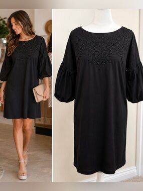 Lauren Ralph Lauren Black Embroidered Cotton Balloon Sleeve Shift Dress Sz 2💛